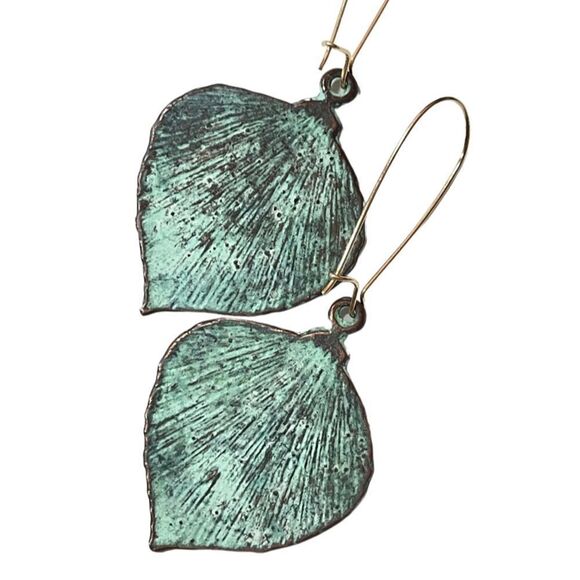 HANDCRAFTED Large Verdigris Metal Leaf Earrings - Picture 6 of 12